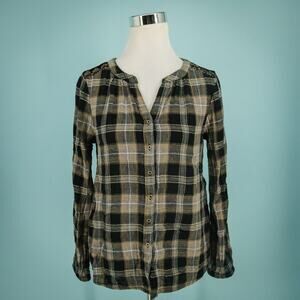 Sundance Size Small S Black Plaid Velvet Embroidered Button Long Sleeve Boho Top